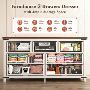 EnHomee Farmhouse 7 Drawers Dresser for Bedroom 51" Wide Wood Dressers & Chests of Drawers White Dresser with Natural Texture Bedroom Dresser TV Stand for Bedroom, Hallway, Closet, Antique White