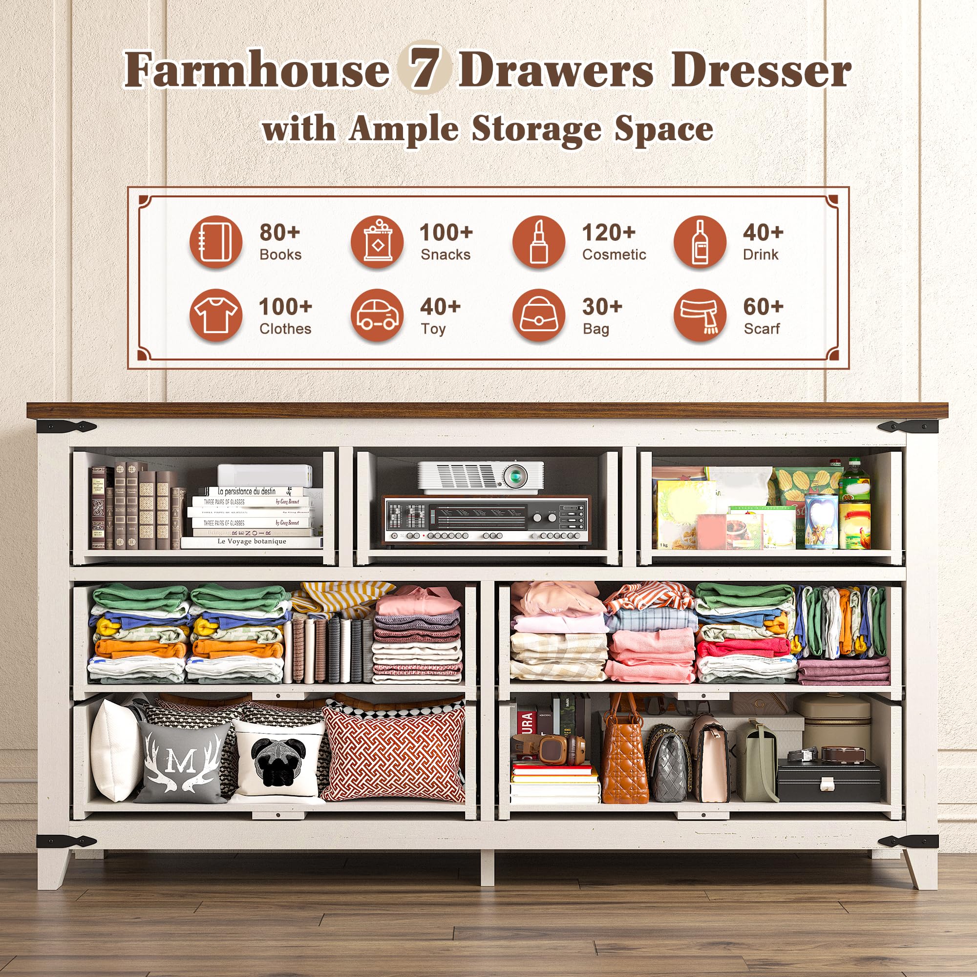 EnHomee Farmhouse 7 Drawers Dresser for Bedroom 51" Wide Wood Dressers & Chests of Drawers White Dresser with Natural Texture Bedroom Dresser TV Stand for Bedroom, Hallway, Closet, Antique White