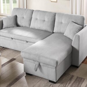 BEEY Small Sleeper Sofa, 82" Convertible L Shaped Couch with Pull Out Bed and Storage Chaise, Corduroy Sectional Sofa Bed for Bedroom, Living Room, Apartment, Light Grey