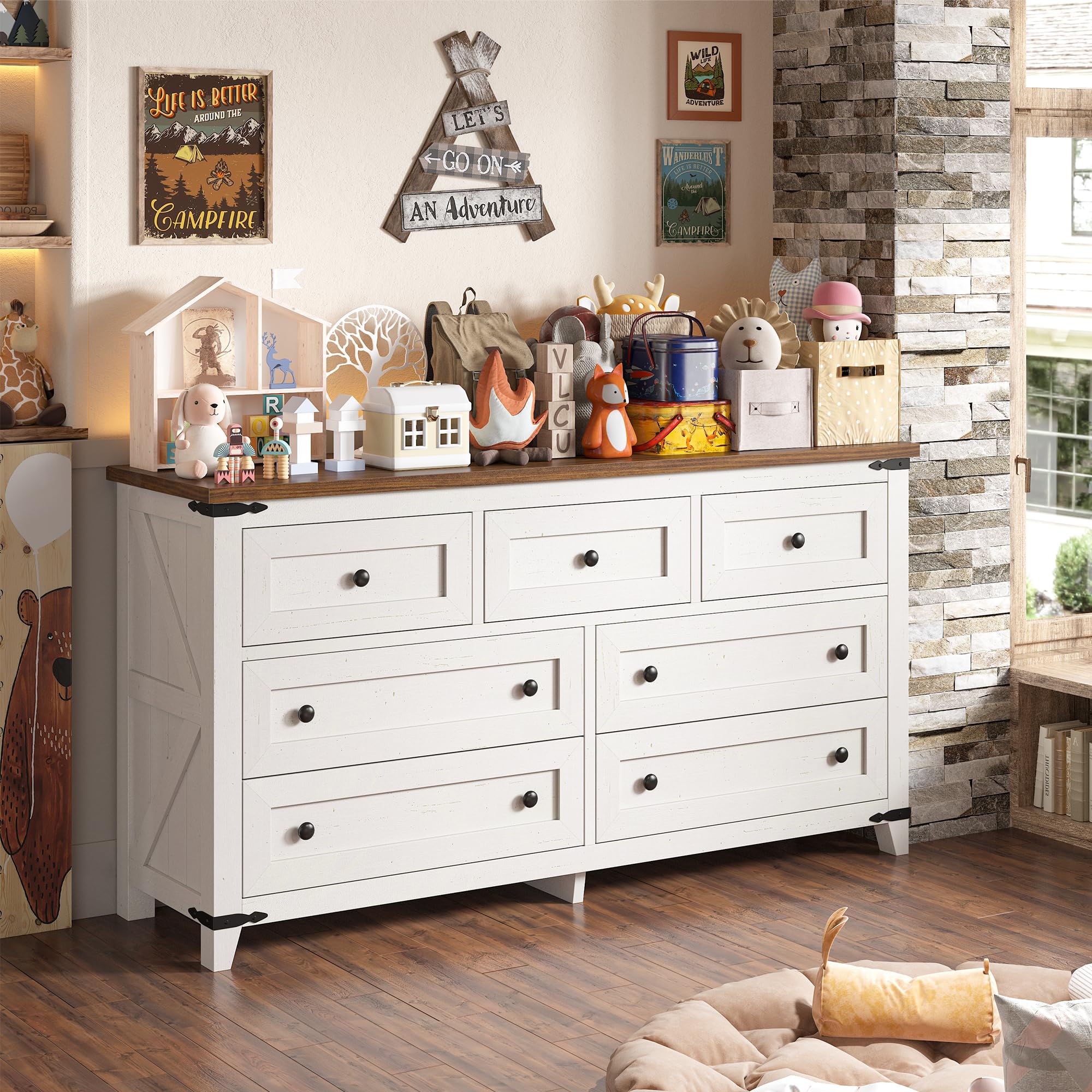 EnHomee Farmhouse 7 Drawers Dresser for Bedroom 51" Wide Wood Dressers & Chests of Drawers White Dresser with Natural Texture Bedroom Dresser TV Stand for Bedroom, Hallway, Closet, Antique White