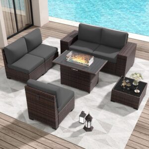 Amopatio Outdoor Patio Furniture Sets, 7 Pieces Brown Wicker Patio Sectional Couch with Glass Top Table and Waterproof Covers, Outdoor Sofa Fit Backyard Poolside, Grey Cushion