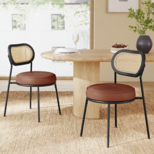 vasagle dining chairs, set of 2 dining room chairs with boho pe rattan back, synthetic leather upholstered accent chairs for kitchen living room, coffee brown uldc160k02v1