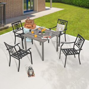 lokatse home 5 pcs metal outdoor patio dining set with 4 stackable chairs and square bistro table for backyard deck lawn garden, black