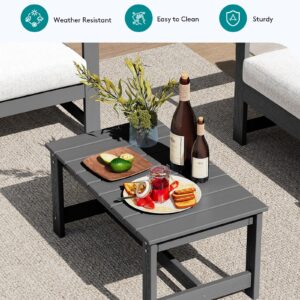 SERWALL 4 Pieces Outdoor Conversation Sofa Set with Cushions, HDPE Outdoor Couch Loveseat Furniture with Side Table All Weather Use for Patio, Balcony, Deck, Poolside, Grey Frame with Khaki Cushions