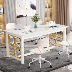 Tribesigns 63" Executive Desk, Modern Office Desk with Glossy Surface, Large Computer Desk for Home Office, Conference Table for Meeting Room, Glossy White & Gold