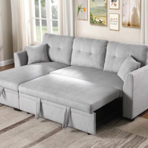 BEEY Small Sleeper Sofa, 82" Convertible L Shaped Couch with Pull Out Bed and Storage Chaise, Corduroy Sectional Sofa Bed for Bedroom, Living Room, Apartment, Light Grey