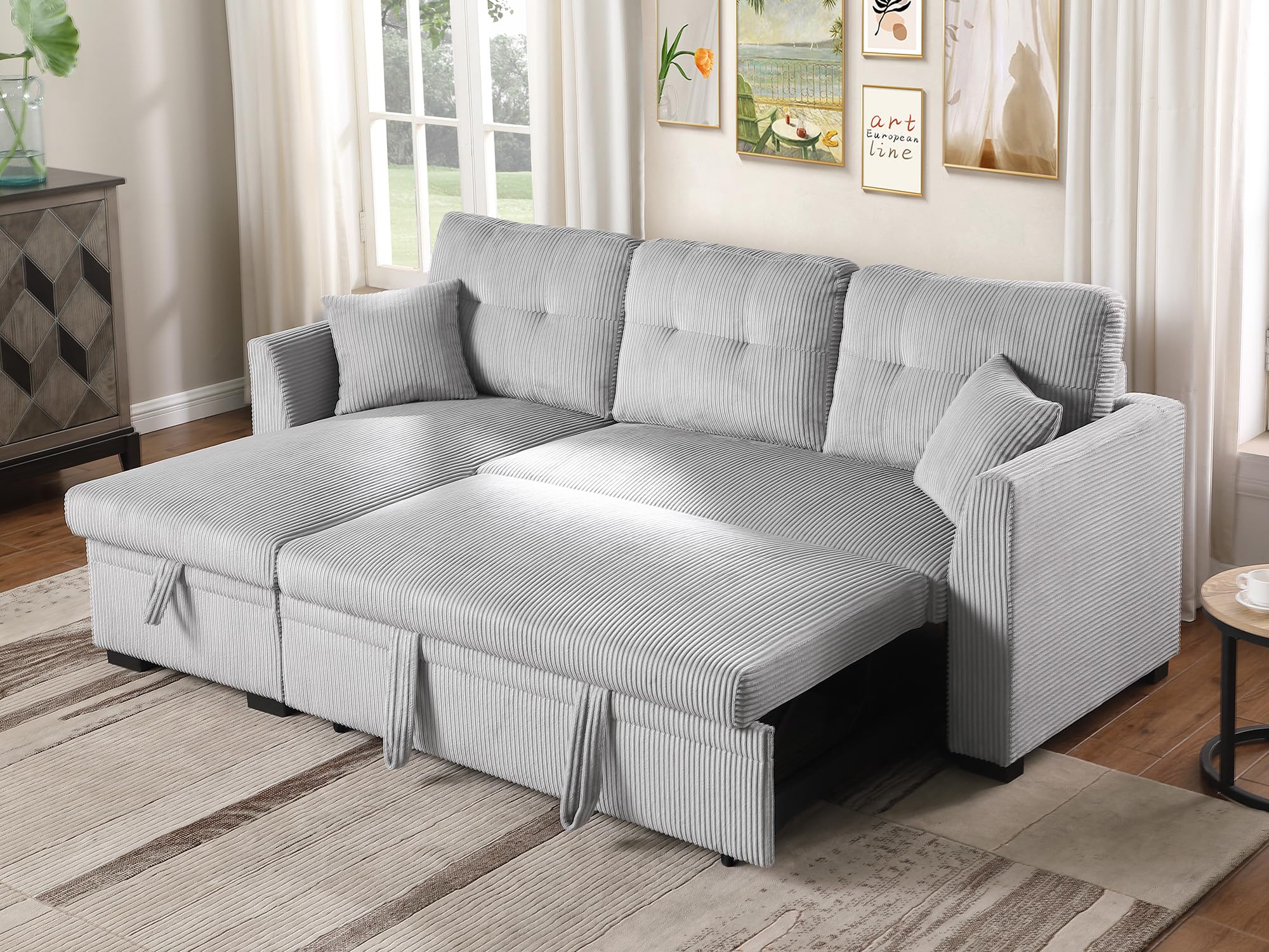 BEEY Small Sleeper Sofa, 82" Convertible L Shaped Couch with Pull Out Bed and Storage Chaise, Corduroy Sectional Sofa Bed for Bedroom, Living Room, Apartment, Light Grey