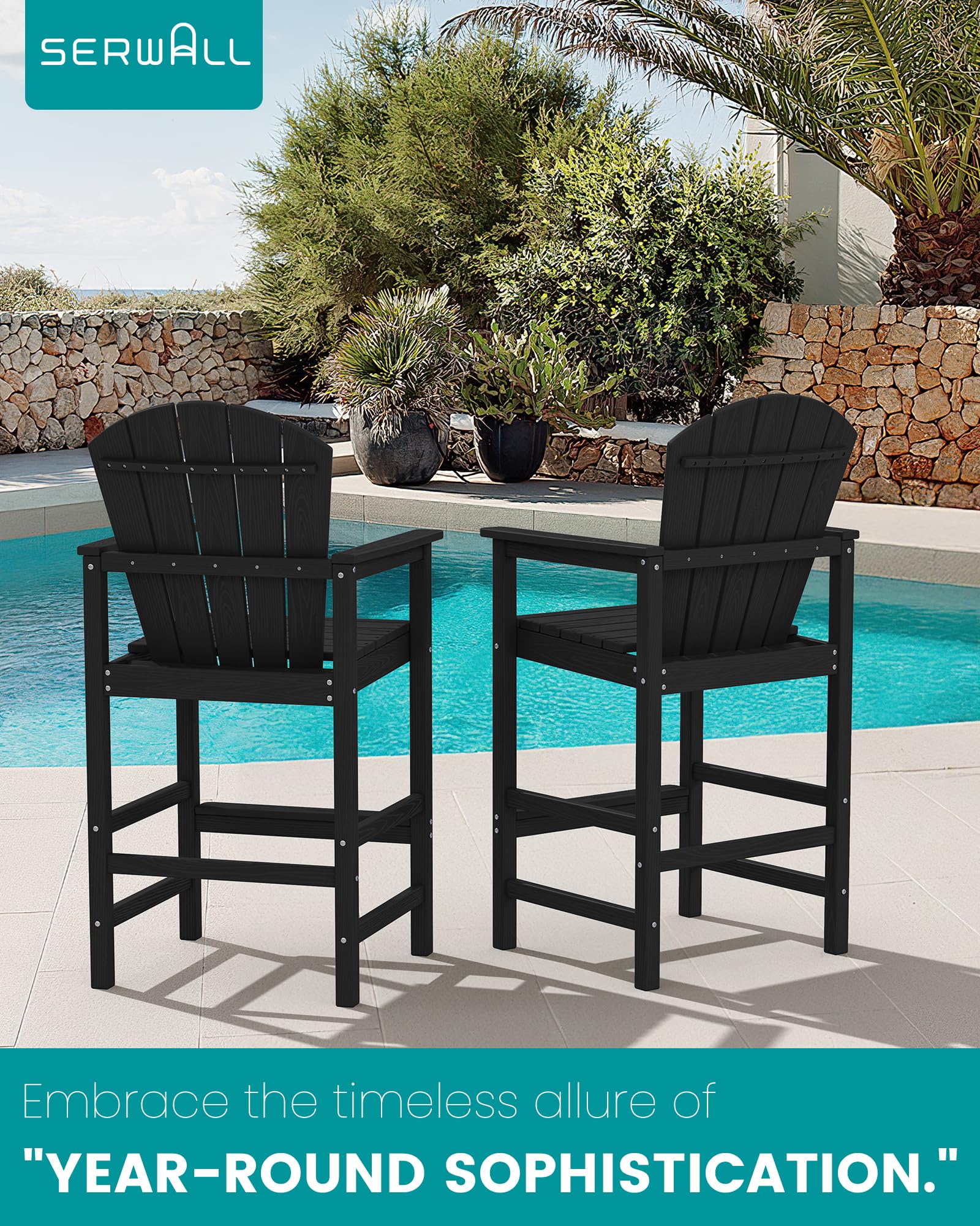 SERWALL Tall Adirondack Chairs Set of 2, HDPE Bar Height Outdoor Chairs, Wood-Like Adirondack Bar Stools for Patio, Balcony, Porch, Black