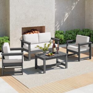 serwall 4 pieces outdoor conversation sofa set with cushions, hdpe outdoor couch loveseat furniture with side table all weather use for patio, balcony, deck, poolside, grey frame with khaki cushions