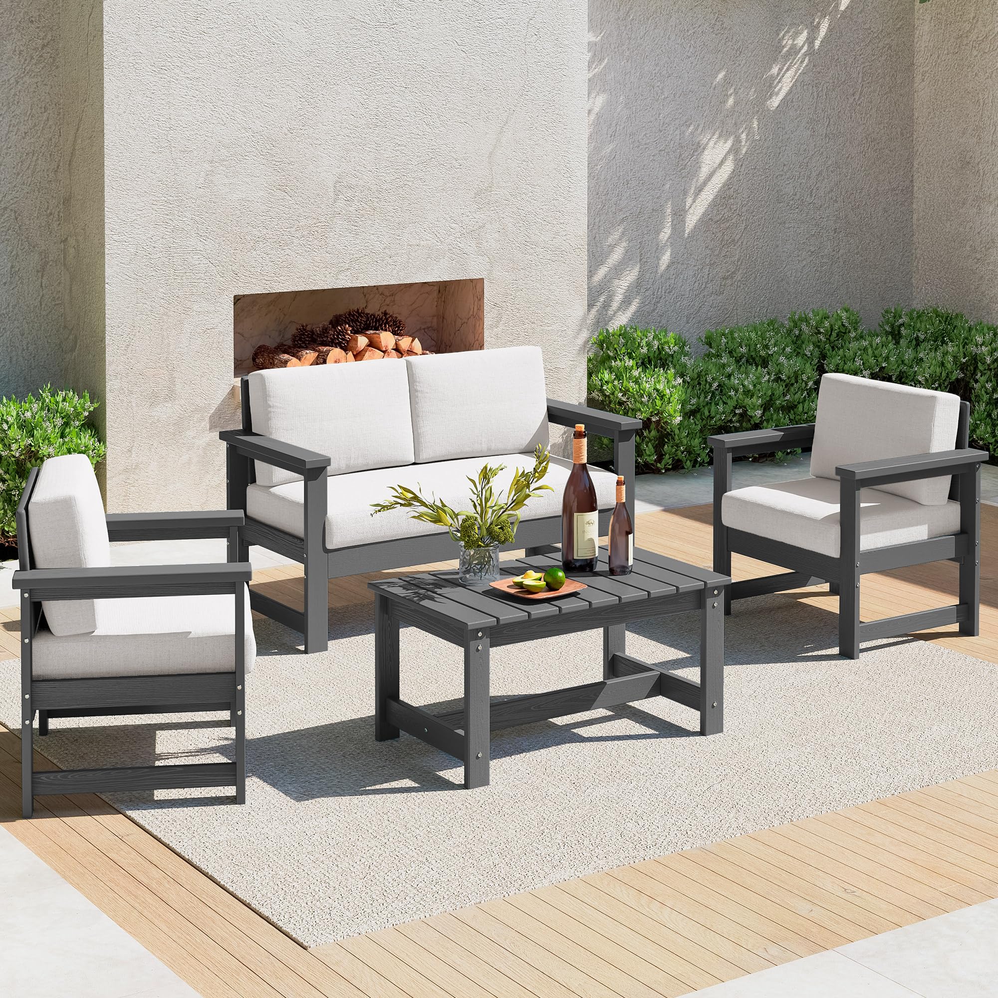 SERWALL 4 Pieces Outdoor Conversation Sofa Set with Cushions, HDPE Outdoor Couch Loveseat Furniture with Side Table All Weather Use for Patio, Balcony, Deck, Poolside, Grey Frame with Khaki Cushions