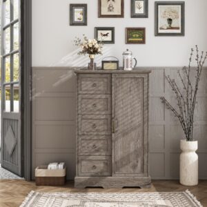 Vabches Farmhouse Dresser Storage Cabinet Chest of Drawer for Bedroom, 5 Drawer Dresser with Sliding Barn Door, 48" Tall Wood Rustic Dresser for Bedroom, Living Room, Entryway, Hallway, Washed Grey