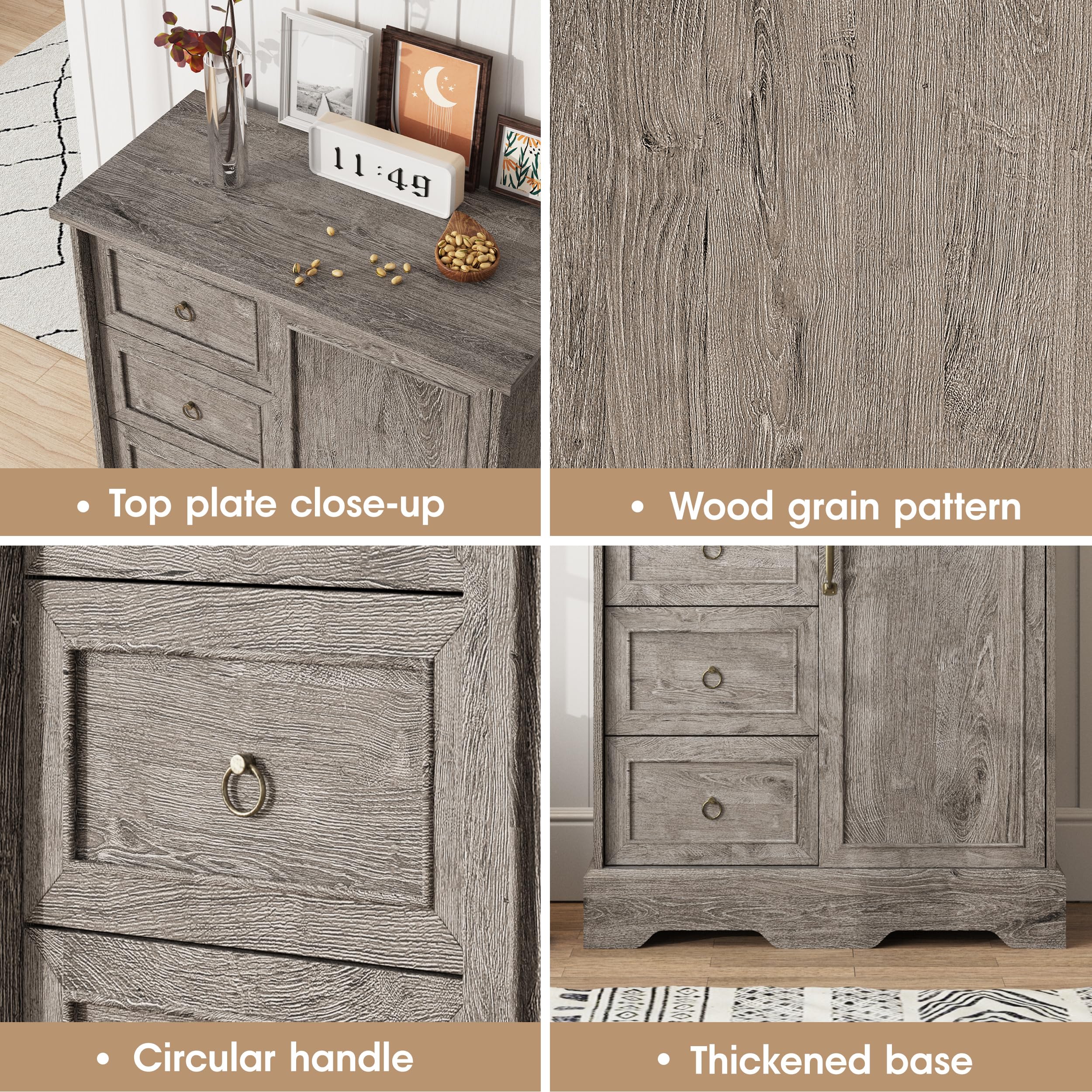 Vabches Farmhouse Dresser Storage Cabinet Chest of Drawer for Bedroom, 5 Drawer Dresser with Sliding Barn Door, 48" Tall Wood Rustic Dresser for Bedroom, Living Room, Entryway, Hallway, Washed Grey