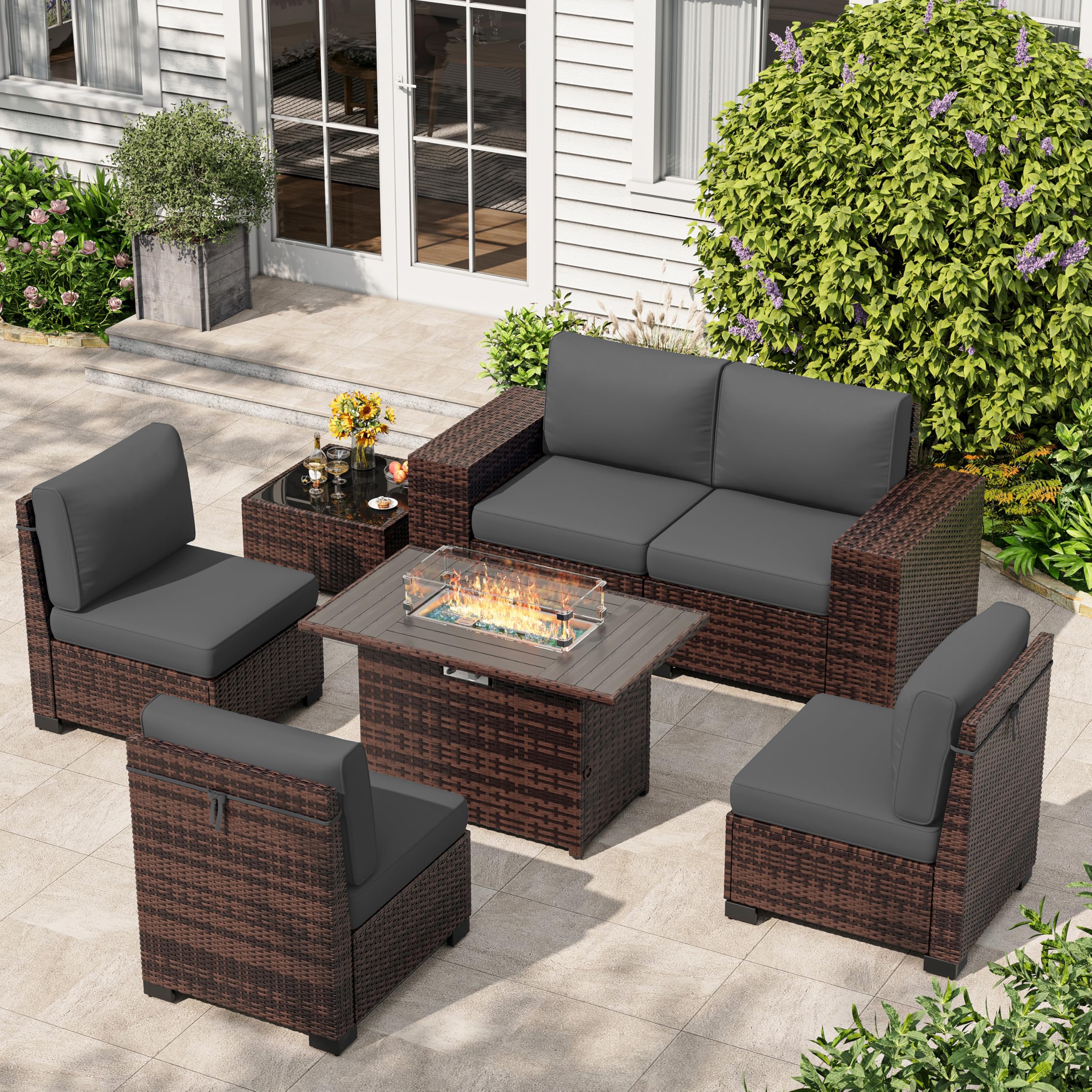 Amopatio Outdoor Patio Furniture Sets, 7 Pieces Brown Wicker Patio Sectional Couch with Glass Top Table and Waterproof Covers, Outdoor Sofa Fit Backyard Poolside, Grey Cushion