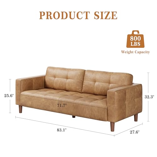 GarveeHome 3-Seater Sofa Couch, 83" Wide Faux Leather Sofa Couch with Spring Cushion, Modern Sofa with Deep Seats and 2 Removable Back Cushions, for Living Room, Bedroom, Apartment, Office, Brown