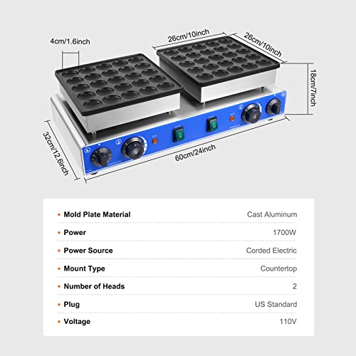 Mini Dutch Pancake Baker, 1.8" 50PCS 1700W Commercial Electric Nonstick Waffle Maker Machine,1.8 Inches Pancake Maker Machine Dutch Grill For Home Kitchen Restaurant Snack Dessert