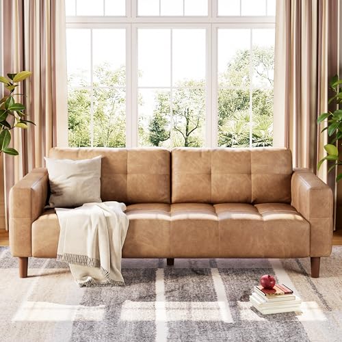 GarveeHome 3-Seater Sofa Couch, 83" Wide Faux Leather Sofa Couch with Spring Cushion, Modern Sofa with Deep Seats and 2 Removable Back Cushions, for Living Room, Bedroom, Apartment, Office, Brown