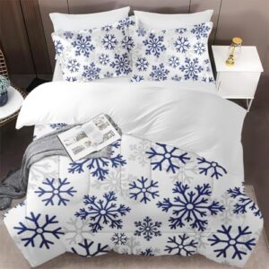 Cuzutime King Size Comforter Set with 2 Pillowcases, Blue Snowflakes Snow Winter, Bedroom Decor Dark White Abstract Nature Soft Bedding Set for Kids and Adults, Bed Decor