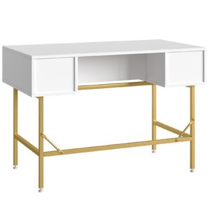 Bestier 47.6 Inch Fluted Computer Writing Desk with Drawers for Home Office, White and Gold Vanity Desk, Modern Simple Makeup Desk for Bedroom