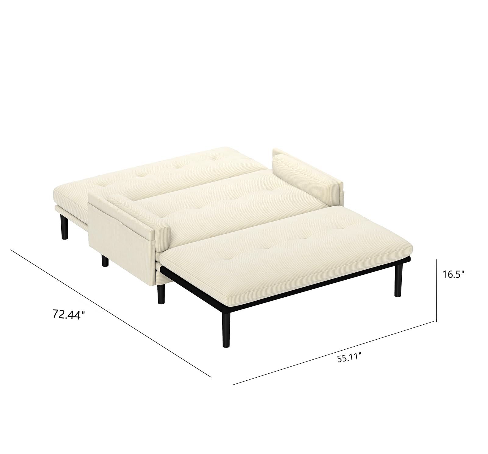 3 in 1 Sleeper Sofa Couch Bed, Convertible Loveseat Futon Sofa with 5 Level Adjustable Backrest, Corduroy Pull Out Couch, Modern Love Seat Pullout Bed for Small Space Living Room, Bedroom, Ivory