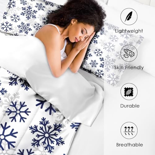 Cuzutime King Size Comforter Set with 2 Pillowcases, Blue Snowflakes Snow Winter, Bedroom Decor Dark White Abstract Nature Soft Bedding Set for Kids and Adults, Bed Decor