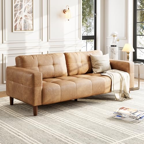 GarveeHome 3-Seater Sofa Couch, 83" Wide Faux Leather Sofa Couch with Spring Cushion, Modern Sofa with Deep Seats and 2 Removable Back Cushions, for Living Room, Bedroom, Apartment, Office, Brown