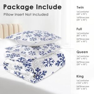 Cuzutime King Size Comforter Set with 2 Pillowcases, Blue Snowflakes Snow Winter, Bedroom Decor Dark White Abstract Nature Soft Bedding Set for Kids and Adults, Bed Decor