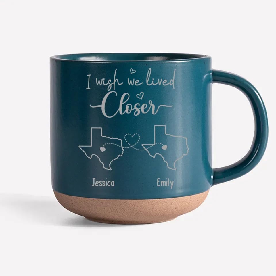 I Wish We Lived Closer Double-Sided Pottery Mug with States - Personalized Long Distance Friendship Mug with Names, Custom Best Friend Moving Away Gifts for Women, Christmas Mug Gifts Sisters, Bestie