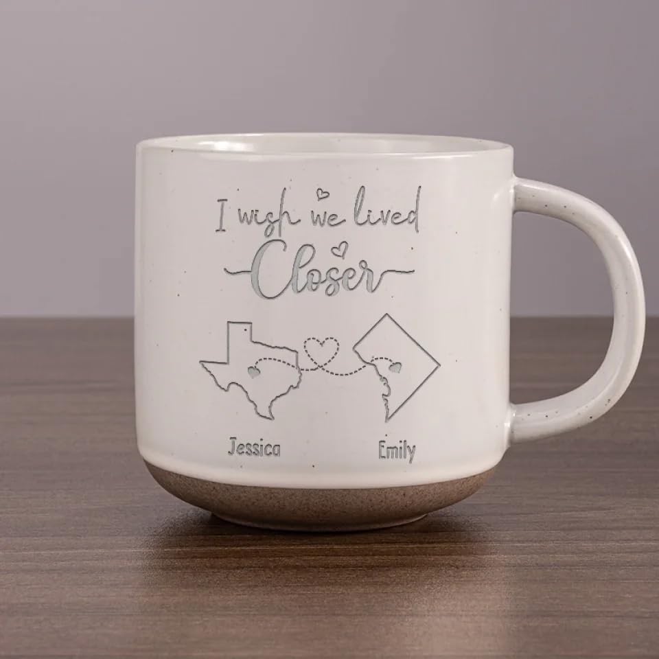 I Wish We Lived Closer Double-Sided Pottery Mug with States - Personalized Long Distance Friendship Mug with Names, Custom Best Friend Moving Away Gifts for Women, Christmas Mug Gifts Sisters, Bestie