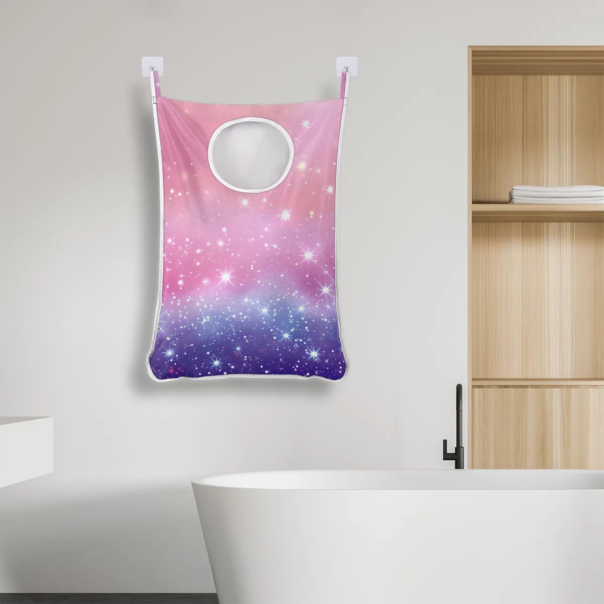 Xosoxruk Pink Purple Glitter Hanging Laundry Hamper Bag, Over the Door Laundry Basket with Hooks, Foldable Wall Hanging Laundry Bag, Hanging Hamper for Laundry Bathroom