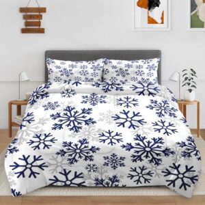 Cuzutime King Size Comforter Set with 2 Pillowcases, Blue Snowflakes Snow Winter, Bedroom Decor Dark White Abstract Nature Soft Bedding Set for Kids and Adults, Bed Decor