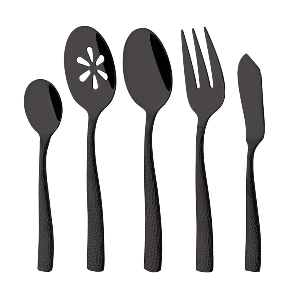 Uniturcky Serving Utensils Set, 5-Piece 18/8 Stainless Steel Hostess Serving Set, Elegant Hammered Serving Utensils for Home Restaurant and Buffet Catering, Heavy and Mirror Polished, Black