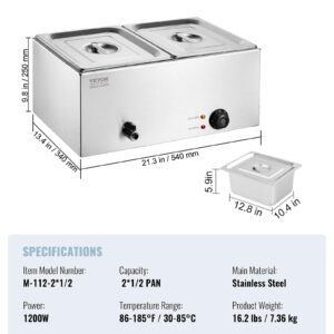 VEVOR 2-Pan Commercial Food Warmer, 24QT Electric Steam Table, 1200W Professional Countertop Stainless Steel Buffet Bain Marie with 86-185°F Temp Control for Catering and Restaurants, Silver