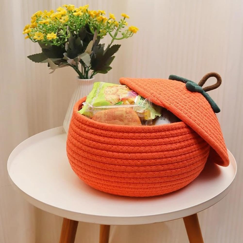 WAXCMXYH Pumpkin Basket with Lid, Halloween Hand Woven Pumpkin Shape Candy Basket Decorative, Orange Rope Braided Basket Snacks Organizer for Trick or Treat, Fall Harvest Table Decor