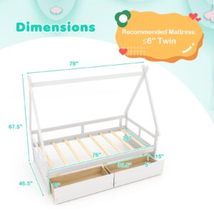 Giantex Twin Bed with 2 Storage Drawers, Wood Montessori House Tent Bed Frame with Safety Guardrail, Low Teepee Bed with Wood Slat Support for Boys Girls Teens, No Box Spring Needed, Kids Bed (White)