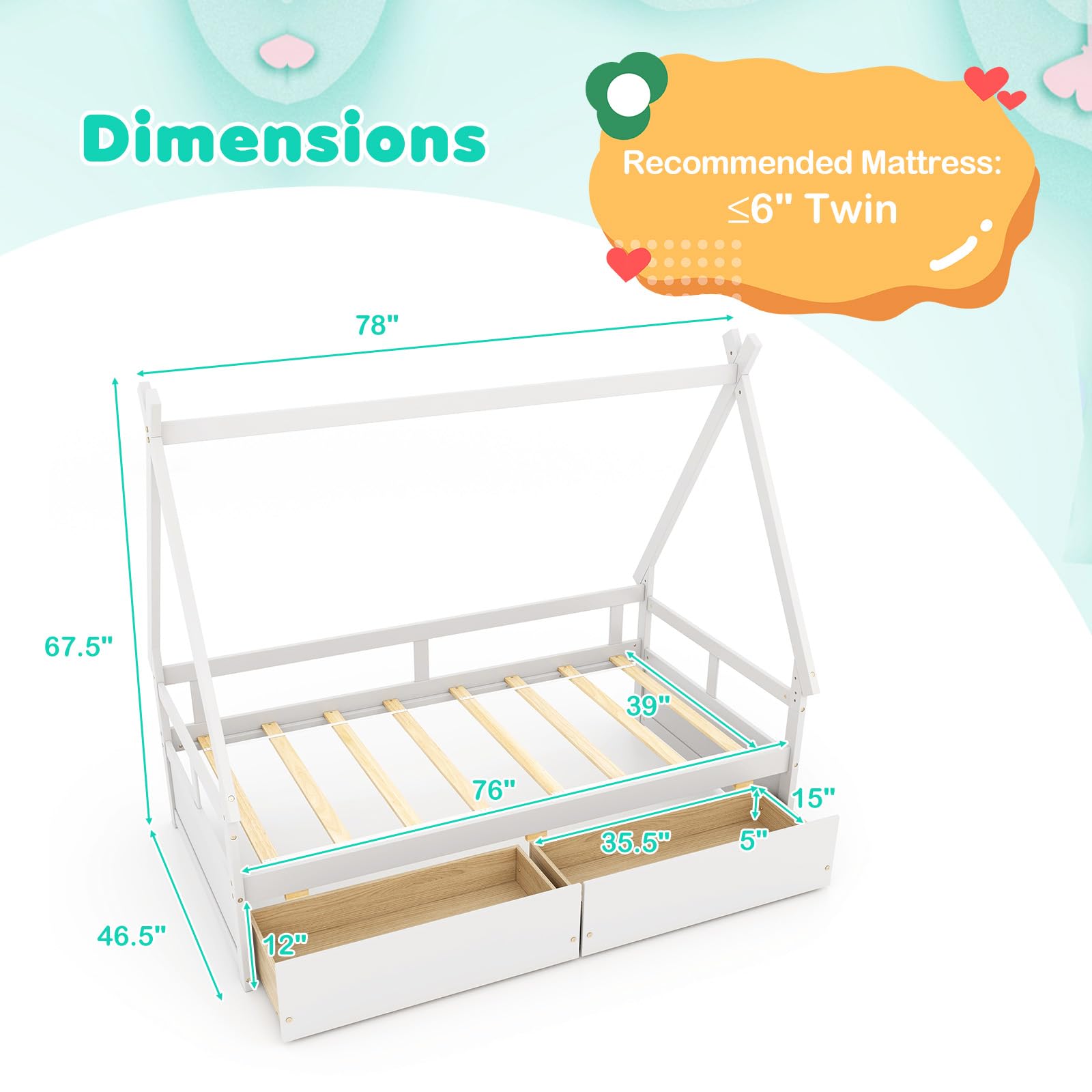 Giantex Twin Bed with 2 Storage Drawers, Wood Montessori House Tent Bed Frame with Safety Guardrail, Low Teepee Bed with Wood Slat Support for Boys Girls Teens, No Box Spring Needed, Kids Bed (White)