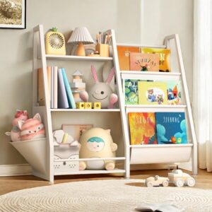 infurnic kids bookshelf and toy organizer with extra pocket, book shelf for kids rooms,2 in 1 nursery book shelves, toddler bookshelf montessori bookshelf and kids book shelf (white)