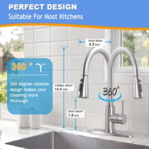 HOTIS Kitchen Faucet with Pull Down Spray, High Arc Commercial Brushed Nickel Kitchen Sink Faucets, Small RV Stainless Steel Single Handle Pull Out Faucet for Kitchen Sink with Deck Plate