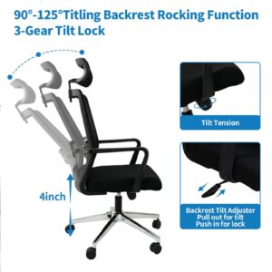 Ergonomic Office Chair,High Back Desk Chair with 3 Gear Tilting Backrest and Adjustable Headrest,400lbs Weight Capacity Integrated Metal Base with Swivel Wheels,Comfort Breathable Mesh Office Chair