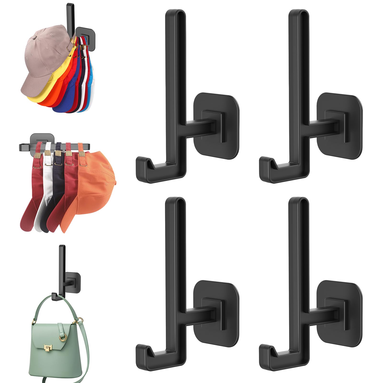 EKOTTOK 4 Pack Hat Racks for Baseball Caps, Baseball Hat Storage, Hat Organizer for Baseball Caps, Adhesive/Drilled Hat Holder Hanger Hooks Hat Rack for Wall, Door, Bedroom, and Closet, Black