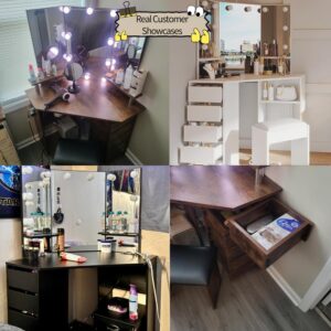 Knowfunn Corner Vanity Desk Set with 3-Folding Lighted Mirrors, Makeup Vanity Table with Charging Station, 5 Rotating Drawers and Storage Bench for Bedroom, Rustic Brown