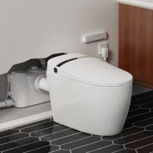 smart bidet toilet with macerator pump,upflush macerating toilet system, one piece tankless toilet with heated dryer warm water, remote control, 4 inlets for toilet, laundry, sink, shower