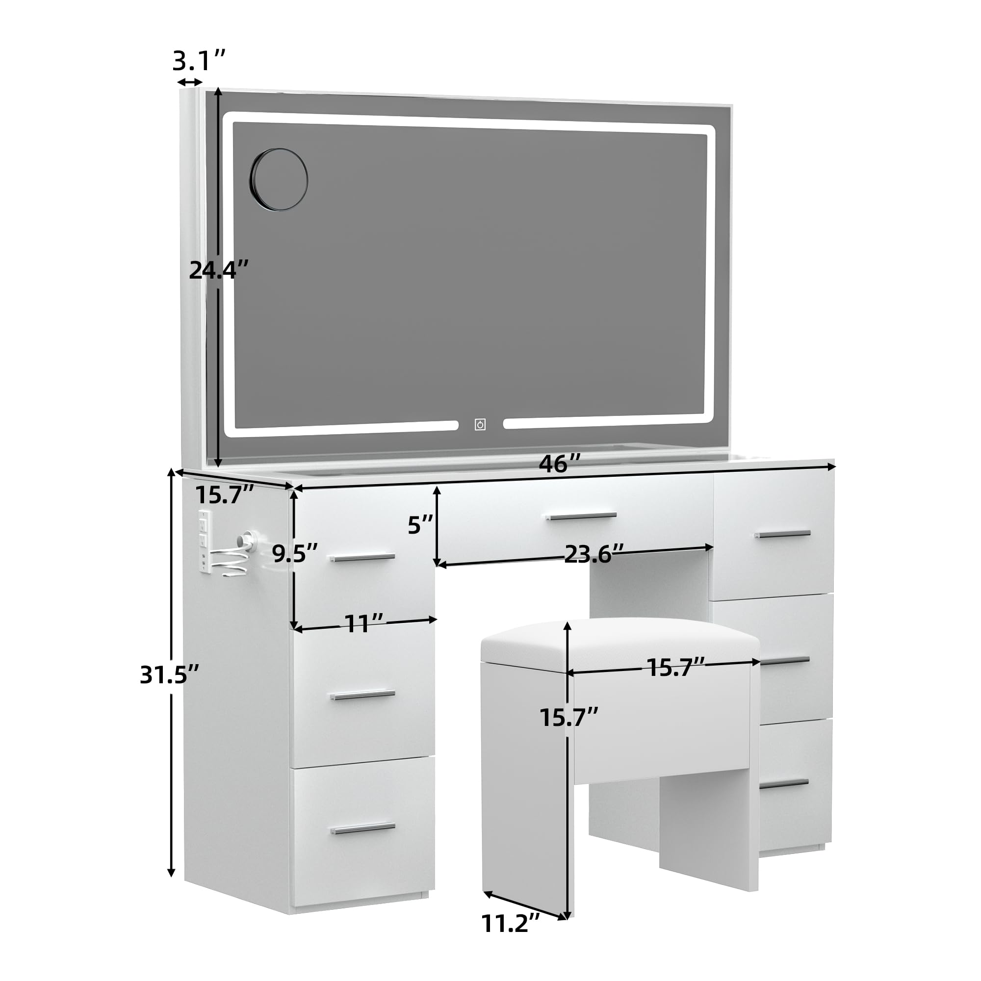 VALONDINO Makeup Vanity Desk with Power Outlet, 46'' Glass Top Vanity Set, 7 Drawers Vanity Table with Cushioned Stool, 3 Lighting Modes Brightness Adjustable,White