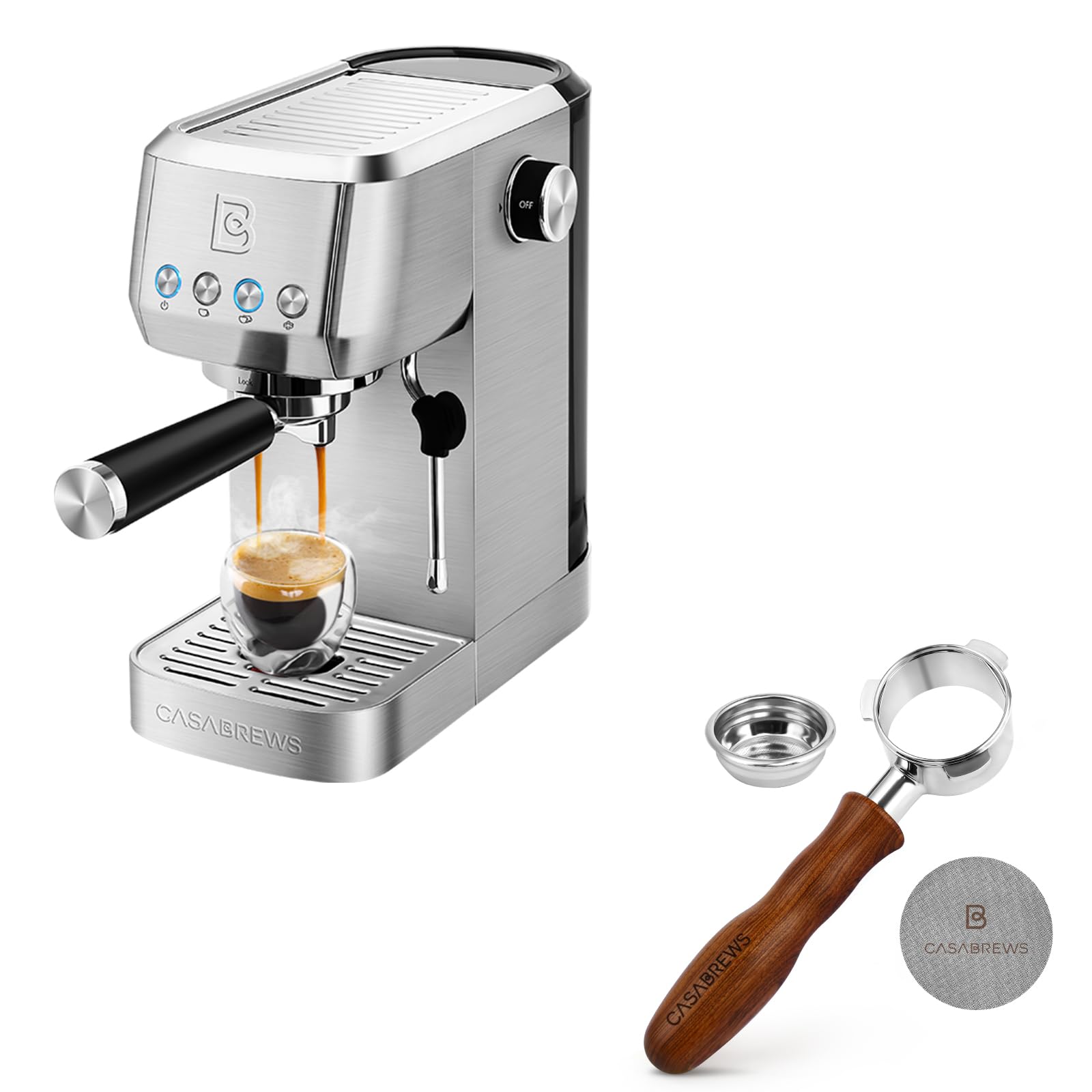 CASABREWS Professional Espresso Maker Cappuccino Machine with Steam Milk Frother & 51mm Bottomless Portafilter with Filter Basket and Puck Screen