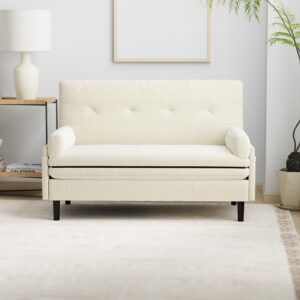 3 in 1 Sleeper Sofa Couch Bed, Convertible Loveseat Futon Sofa with 5 Level Adjustable Backrest, Corduroy Pull Out Couch, Modern Love Seat Pullout Bed for Small Space Living Room, Bedroom, Ivory