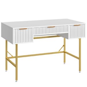 Bestier 47.6 Inch Fluted Computer Writing Desk with Drawers for Home Office, White and Gold Vanity Desk, Modern Simple Makeup Desk for Bedroom