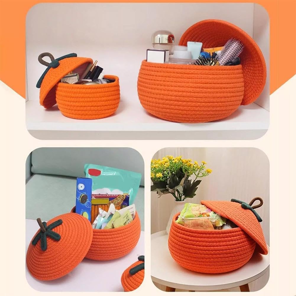 WAXCMXYH Pumpkin Basket with Lid, Halloween Hand Woven Pumpkin Shape Candy Basket Decorative, Orange Rope Braided Basket Snacks Organizer for Trick or Treat, Fall Harvest Table Decor