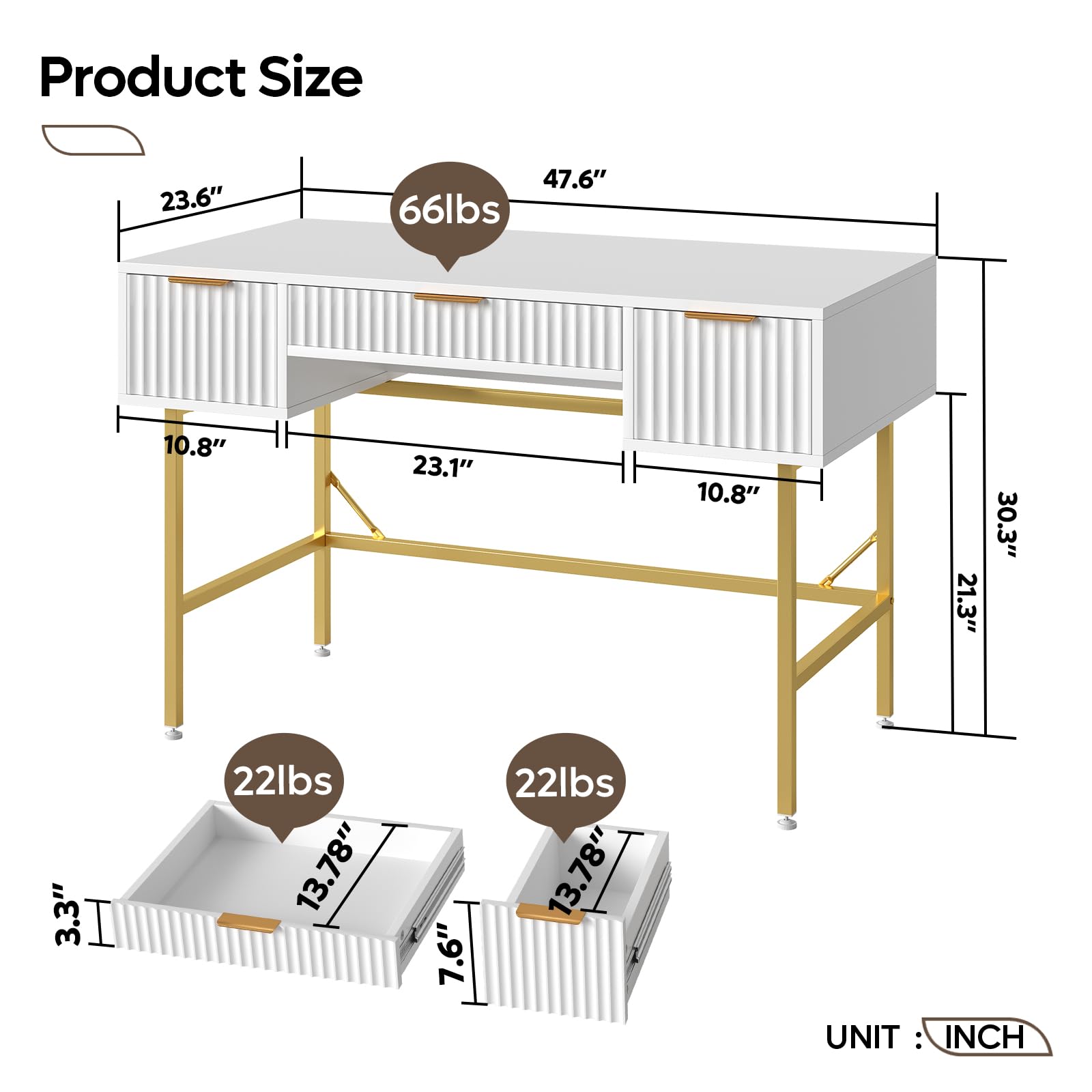 Bestier 47.6 Inch Fluted Computer Writing Desk with Drawers for Home Office, White and Gold Vanity Desk, Modern Simple Makeup Desk for Bedroom