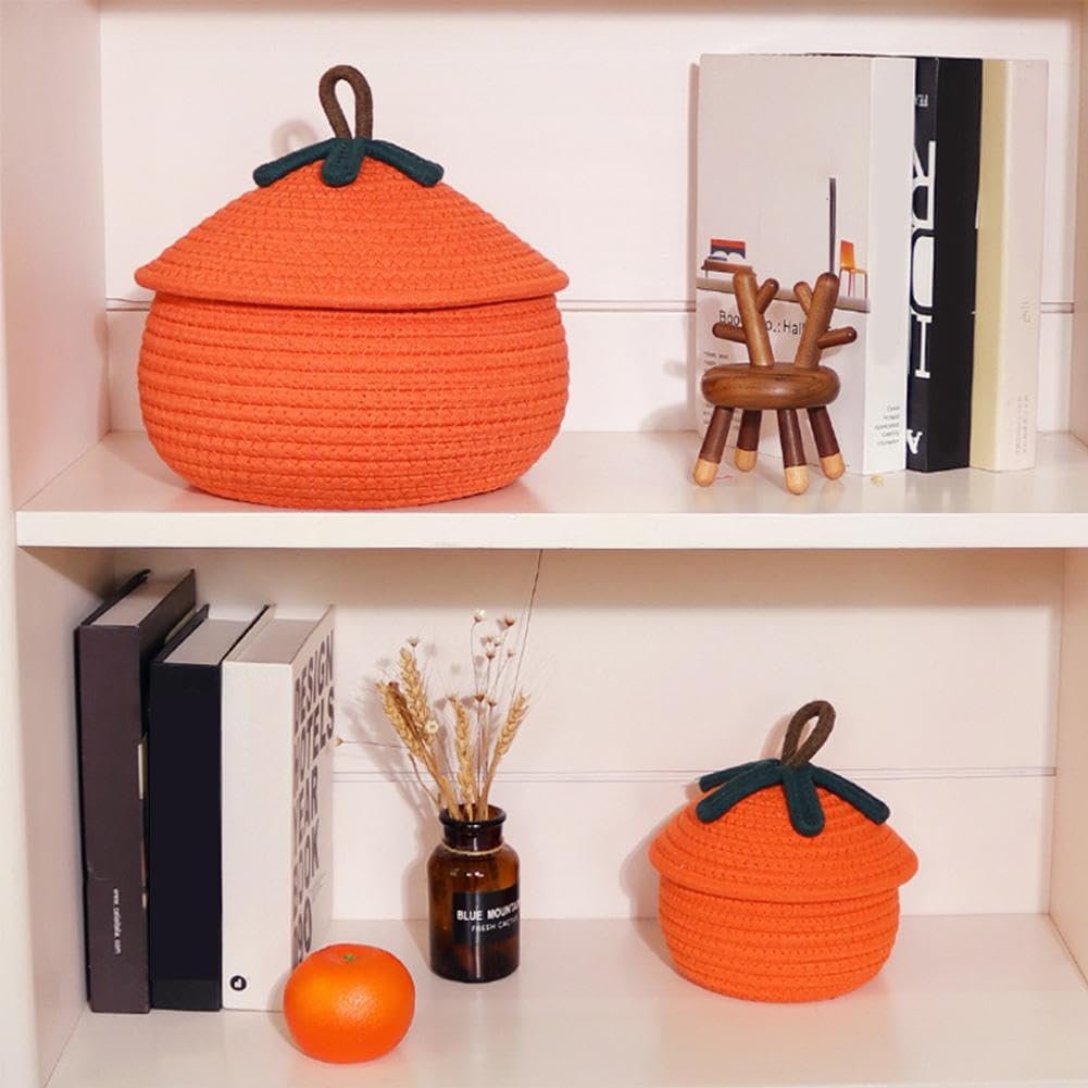 WAXCMXYH Pumpkin Basket with Lid, Halloween Hand Woven Pumpkin Shape Candy Basket Decorative, Orange Rope Braided Basket Snacks Organizer for Trick or Treat, Fall Harvest Table Decor