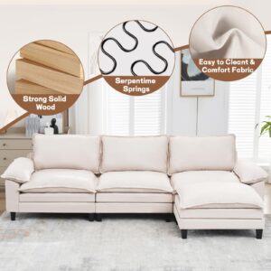 WOTSTA 118" Convertible Sectional Sofa, Cloud Couch Deep Seat Sofa, L Shap Sofa Couch with Ottoman, Modern Sectional Couches for Living Room, Apartment, Studio, Beige