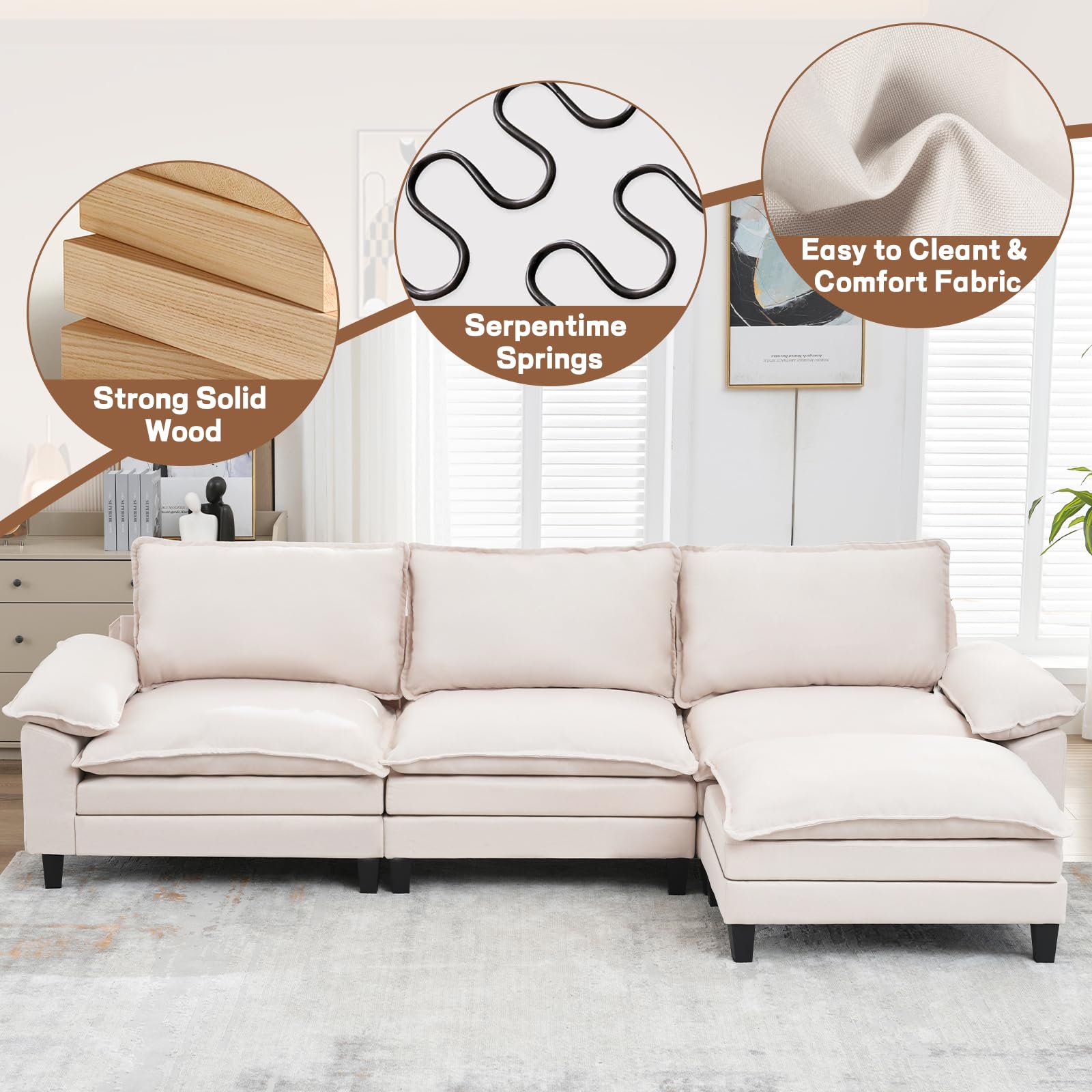 WOTSTA 118" Convertible Sectional Sofa, Cloud Couch Deep Seat Sofa, L Shap Sofa Couch with Ottoman, Modern Sectional Couches for Living Room, Apartment, Studio, Beige